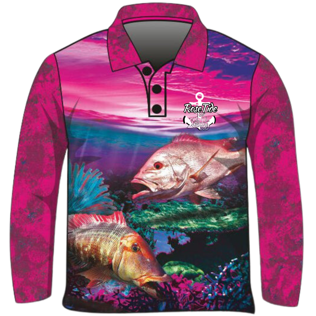 Long-sleeve fishing shirt with a with a gradient pink and purple sky background above a coral reef scene print, featuring prominent snapper fish among coral. Includes the 'Rose Tide' brand logo on the chest.