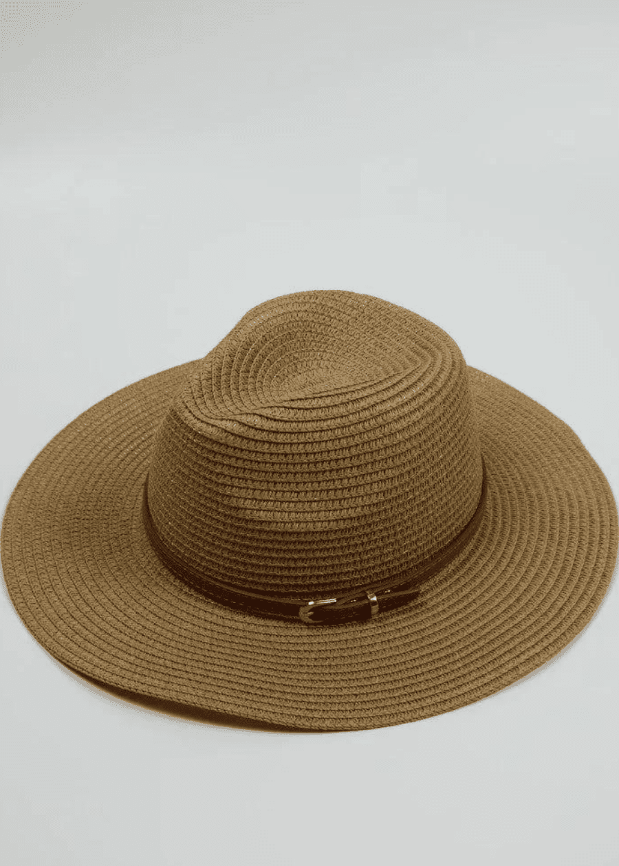 A tan woven hat with a brown band featuring a small buckle, showcasing a classic and versatile design.
