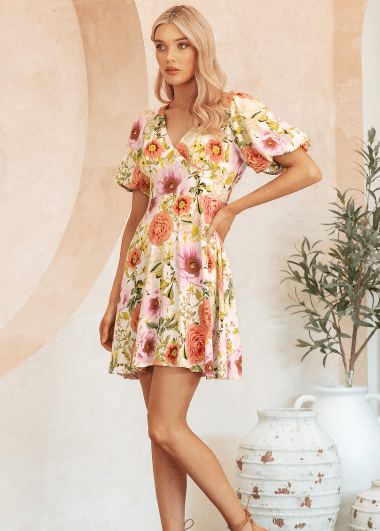 floral mini dress australia The East Order Australia Te-Kalani Floral MINI Dress Gathered Side Lined S