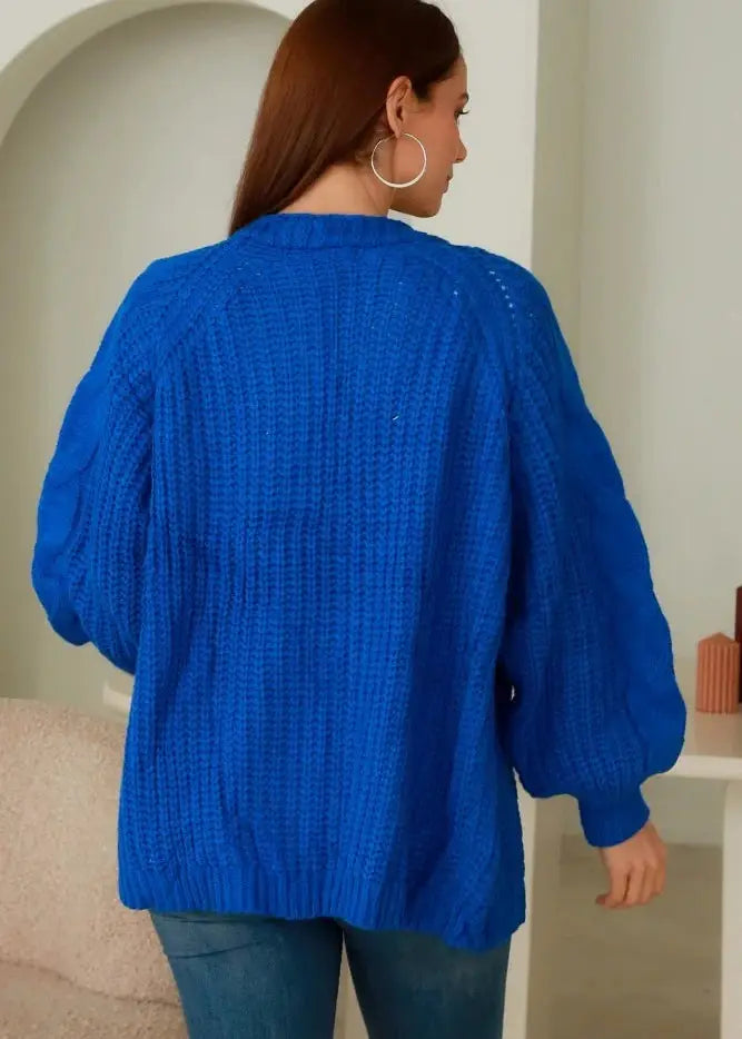 Women's Bright blue cable knit cardigan with ribbed trim and open front design